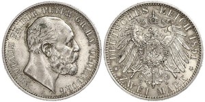 2 Mark 奥尔登堡大公国 (1814 - 1918) 銀 彼得二世 (奥尔登堡) (1827 - 1900)