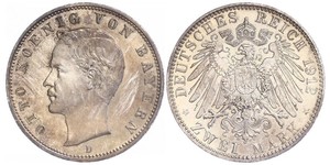 2 Mark 巴伐利亞王國 (1806 - 1918) 銀 奥托 (巴伐利亚国王)