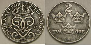 2 Ore Svezia Acciaio Gustavo V di Svezia (1858 - 1950)