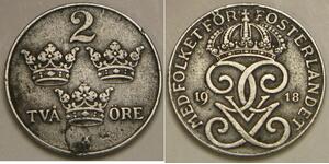 2 Ore Sweden Steel Gustaf V of Sweden (1858 - 1950)