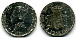 2 Peseta Kingdom of Spain (1874 - 1931) Argent Alfonso XIII of Spain (1886 - 1941)