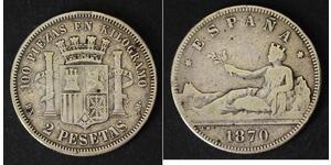 2 Peseta Prima repubblica spagnola (1873 - 1874) Argento 