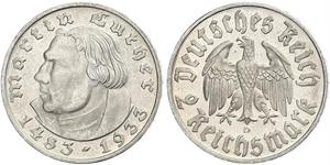2 Reichsmark Alemania nazi (1933-1945) Plata Martín Lutero