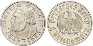 2 Reichsmark Alemania nazi (1933-1945) Plata Martín Lutero