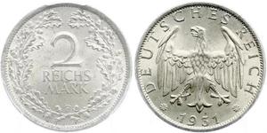 2 Reichsmark Weimarer Republik (1918-1933) Silber 