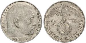 2 Reichsmark Третий рейх (1933-1945) Серебро Гинденбург, Пауль фон