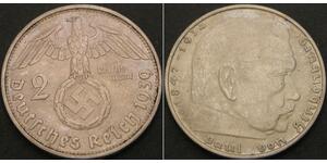 2 Reichsmark Третий рейх (1933-1945) Серебро Гинденбург, Пауль фон