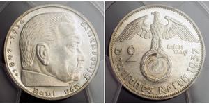 2 Reichsmark Третий рейх (1933-1945) Серебро Гинденбург, Пауль фон