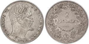 2 Rigisdaler Dinamarca Plata Federico VII de Dinamarca (1808-1863)