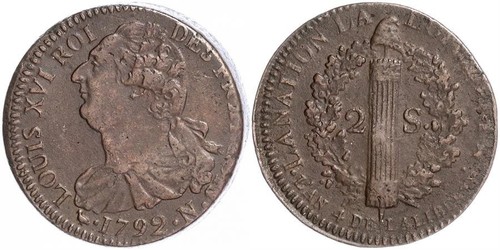 2 Sol Kingdom of France (843-1791) Bronze Louis XVI de France (1754 - 1793)