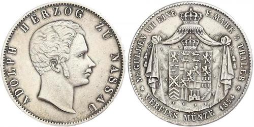 2 Thaler Duchy of Nassau (1806 - 1866) Silver Adolphe, Grand Duke of Luxembourg