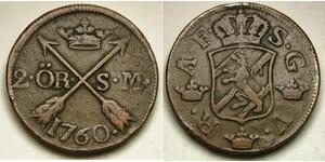 2 Ере Швеція Мідь Adolf Frederick of Sweden (1710 - 1771)