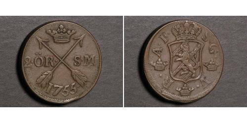 2 Ере Швеція Мідь Adolf Frederick of Sweden (1710 - 1771)