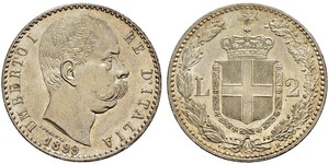 2 Лира Италия Серебро Умберто I (1844-1900)