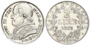 2 Лира Папская область (752-1870) Серебро Пий IX (1792- 1878)