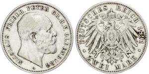 2 Марка Grand Duchy of Oldenburg (1814 - 1918) Серебро Пётр II Ольденбургский (1827 - 1900)