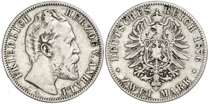 2 Марка Ангальт-Дессау (1603 -1863) / Анхальт (1806 - 1918) Серебро Frederick I, Duke of Anhalt (1831-1904)