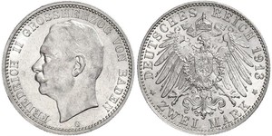 2 Марка Великое герцогство Баден (1806-1918) Серебро Frederick II, Grand Duke of Baden (1857 - 1928)