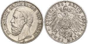 2 Марка Великое герцогство Баден (1806-1918) Серебро Фридрих I (великий герцог Баденский) (1826 - 1907)