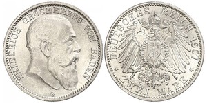 2 Марка Великое герцогство Баден (1806-1918) Серебро Фридрих I (великий герцог Баденский) (1826 - 1907)