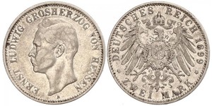 2 Марка Великое герцогство Гессен (1806 - 1918) Серебро Эрнст Людвиг (великий герцог Гессенский) (1868 - 1937)