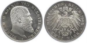 2 Марка Королевство Вюртемберг (1806-1918) Серебро Wilhelm II, German Emperor (1859-1941)