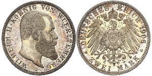 2 Марка Королевство Вюртемберг (1806-1918) Серебро Wilhelm II, German Emperor (1859-1941)