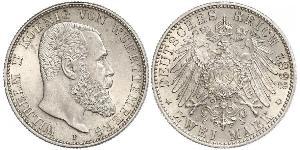 2 Марка Королевство Вюртемберг (1806-1918) Серебро Wilhelm II, German Emperor (1859-1941)