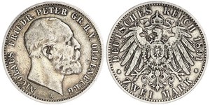 2 Марка Grand Duchy of Oldenburg (1814 - 1918) Срібло Peter II, Grand Duke of Oldenburg (1827 - 1900)