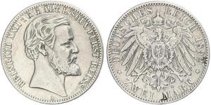 2 Марка Principality of Reuss-Greiz (1778 - 1918) Срібло Heinrich XXII (1859 - 1902)
