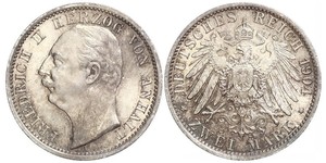 2 Марка Ангальт-Дессау (1603 -1863) / Анхальт (1806 - 1918) Срібло Friedrich II, Duke of Anhalt (1856 – 1918)