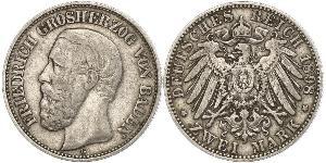 2 Марка Велике герцогство Баден (1806-1918) Срібло Frederick I, Grand Duke of Baden (1826 - 1907)