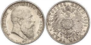 2 Марка Велике герцогство Баден (1806-1918) Срібло Frederick I, Grand Duke of Baden (1826 - 1907)