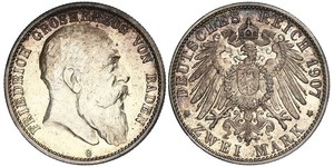 2 Марка Велике герцогство Баден (1806-1918) Срібло Frederick I, Grand Duke of Baden (1826 - 1907)
