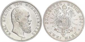 2 Марка Королівство Вюртемберг Срібло Charles I of Württemberg