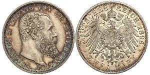 2 Марка Королівство Вюртемберг Срібло Wilhelm II, German Emperor (1859-1941)