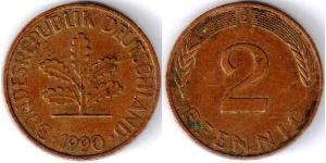2 Пфенниг ФРГ (1949-1990) Бронза 