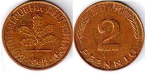 2 Пфенниг ФРГ (1949-1990) Бронза 