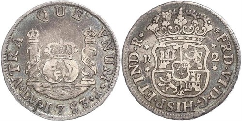 2 Реал Перу Срібло Фердинанд VI  король Іспаніі (1713-1759)
