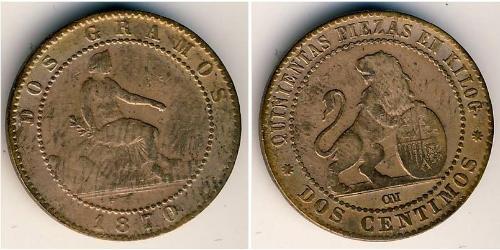 2 Сентимо Королевство Испания (1814 - 1873) Медь 