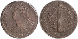 2 Соль Королевство Франция (843-1791) Бронза Людовик XVI (1754 - 1793)
