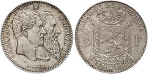 2 Франк Бельгия Серебро Леопольд II (1835 - 1909)