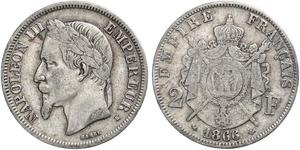 2 Франк Вторая французская империя (1852-1870) Серебро Наполеон III Бонапарт (1808-1873)