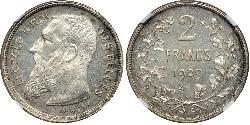 2 Франк Бельгія Срібло Леопольд II (1835 - 1909)