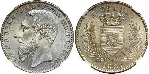 2 Франк Вільна держава Конго (1885 - 1908) Срібло Леопольд II (1835 - 1909)