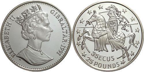 35 Ecu / 25 Pound Gibraltar Plata Isabel II (1926-2022)