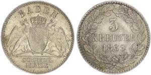 3 Kreuzer Gran Ducado de Baden (1806-1918) Plata Federico I de Baden (1826 - 1907)