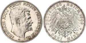 3 Mark Principauté Reuss branche aînée (1778 - 1918) Argent Henri XXIV Reuss-Greiz