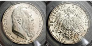 3 Mark Royaume de Bavière (1806 - 1918) Argent Othon Ier de Bavière(1848 – 1916)