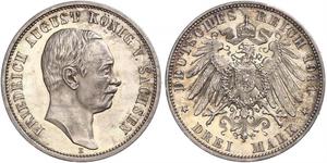3 Mark Royaume de Saxe (1806 - 1918) Argent Frédéric-Auguste III de Saxe (1865-1932)